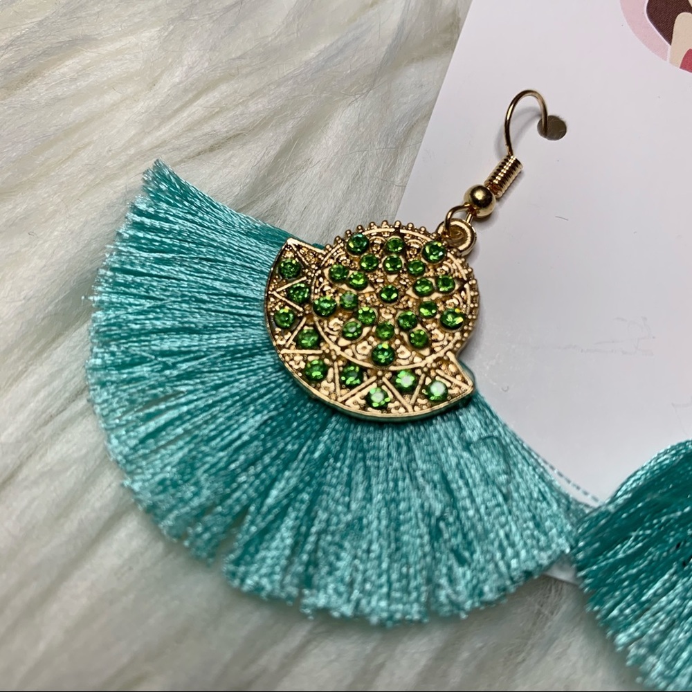 Light blue and gold tassel earrings